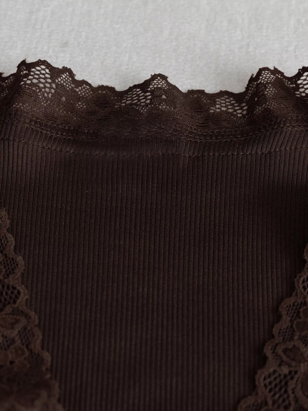 Women's Lace Trim Flare Sleeve Blouse in brown — lace detail view