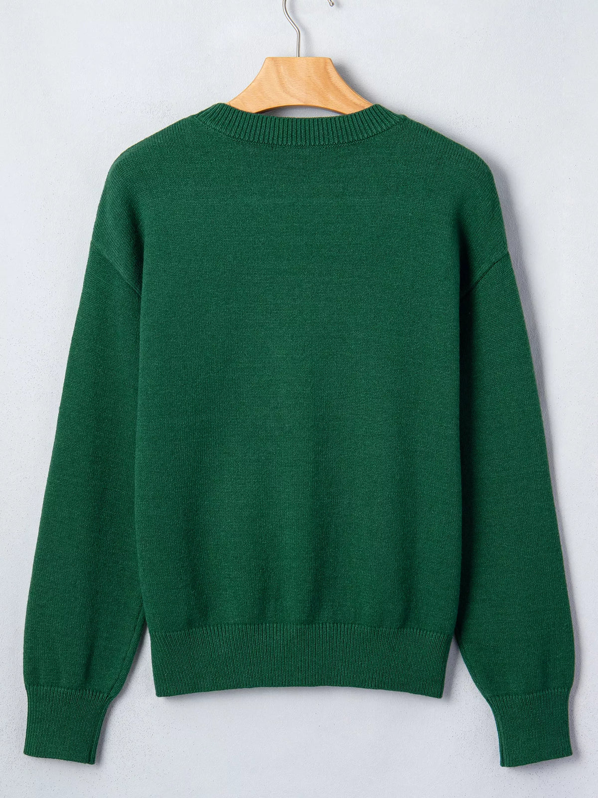 Dark Green abstract dog embroidery christmas round neck sweater, back view