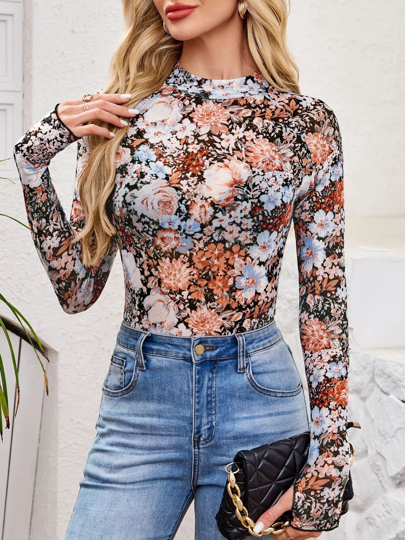 Trendsi Sheer Mock Neck Long Sleeve Top -