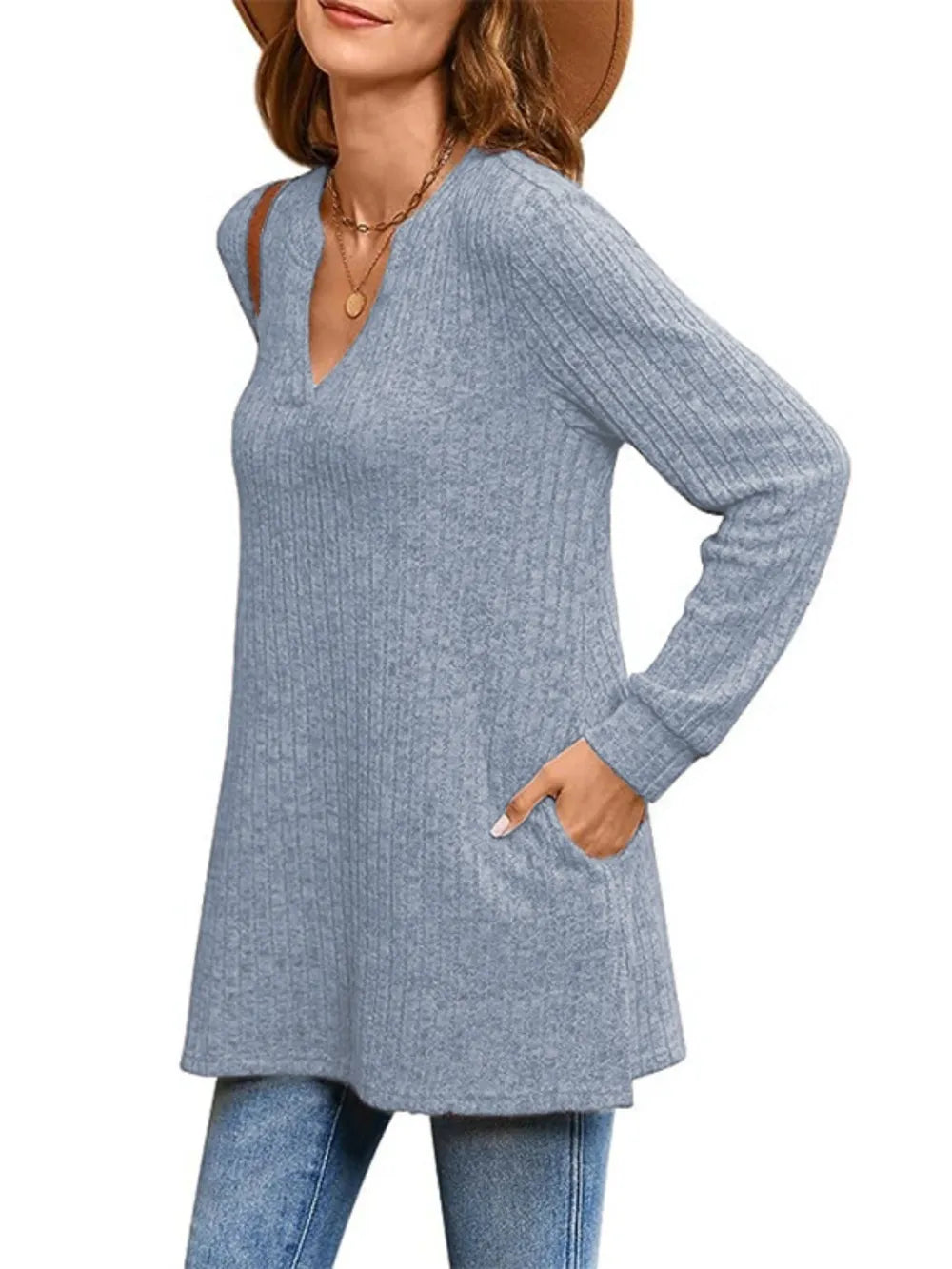 Trendsi Ribbed Notched Long Sleeve T-Shirt -