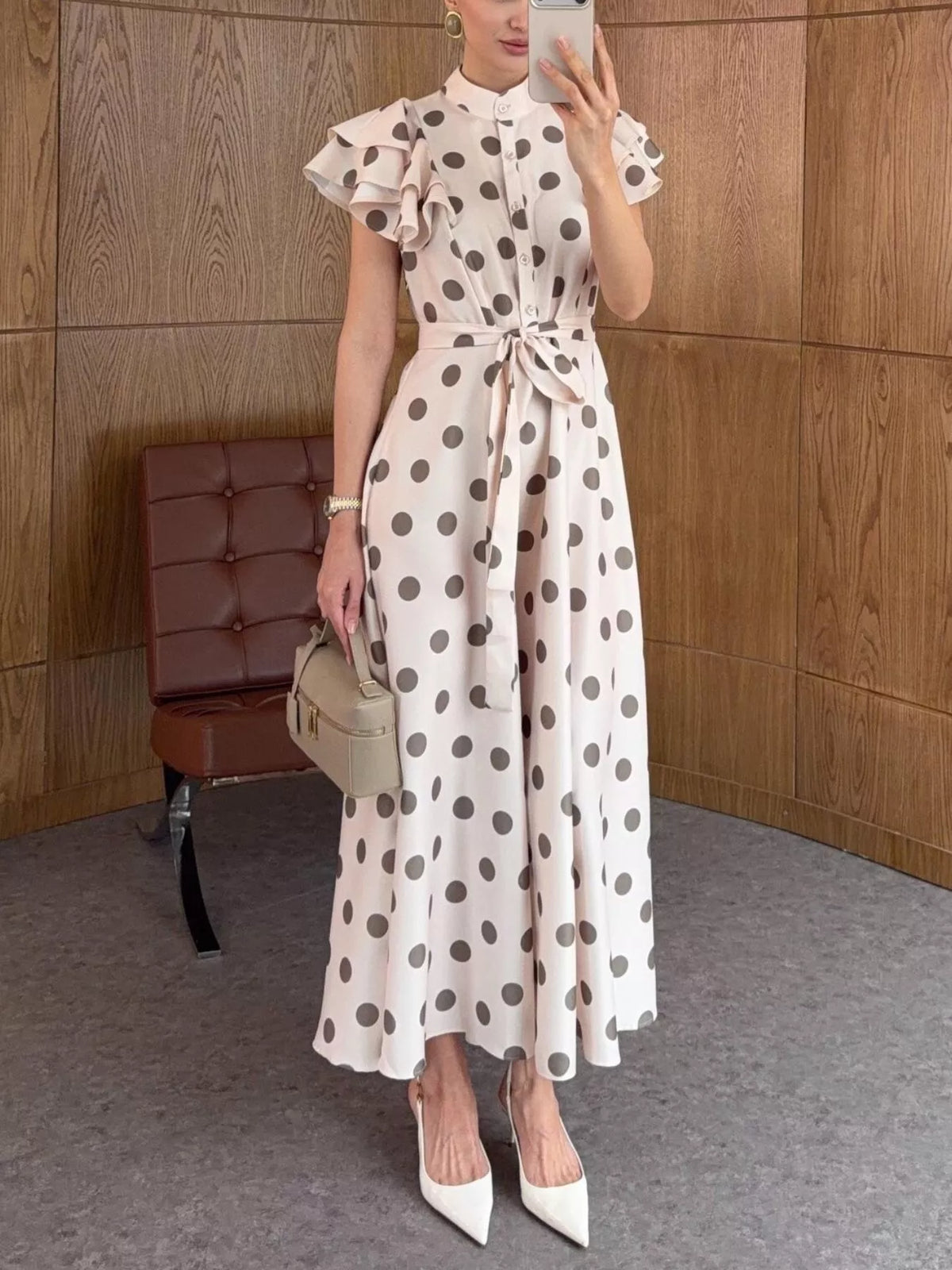 Mock neck short sleeve midi dress, front view on model