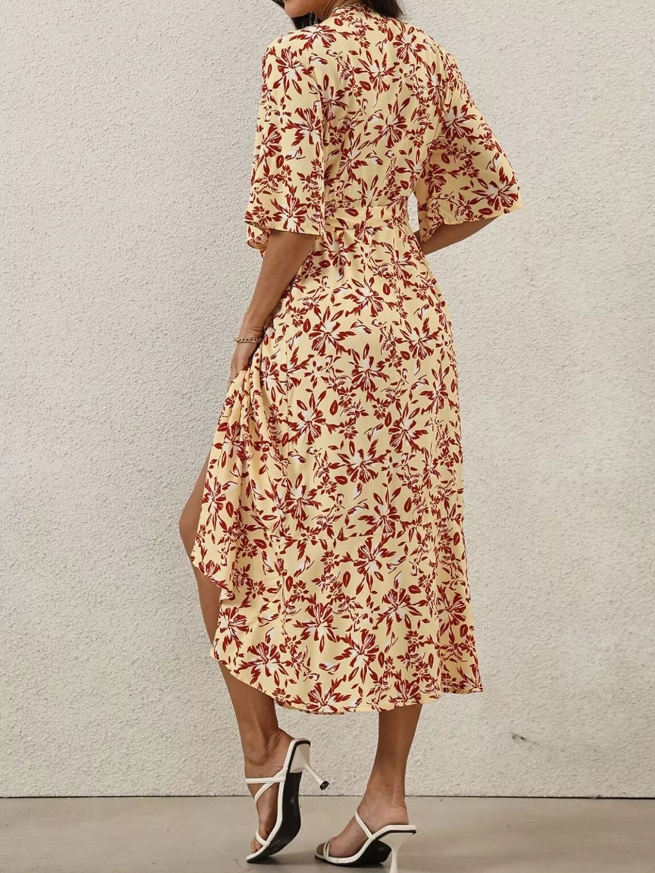 Trendsi Slit Printed Surplice Midi Dress -