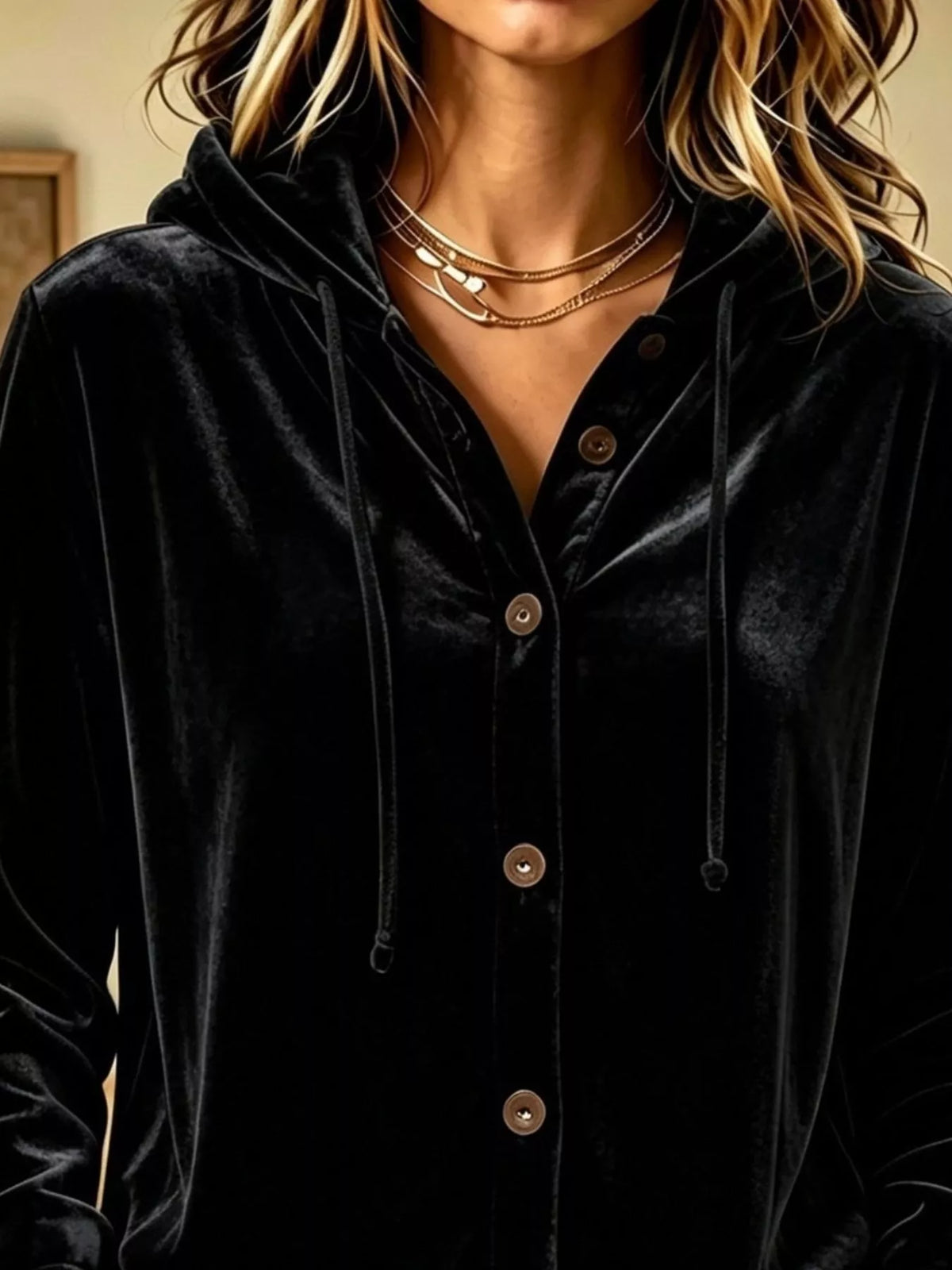 Velvet button-front hooded top