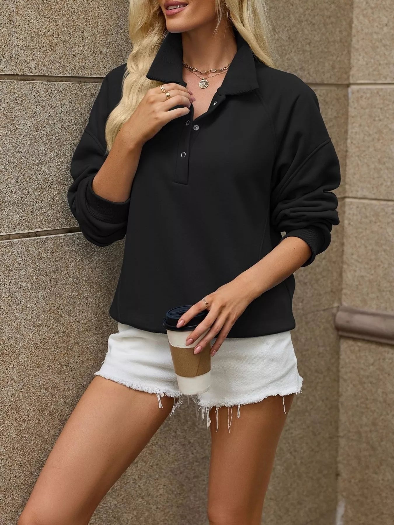 Trendsi Button Detail Dropped Shoulder Sweatshirt -