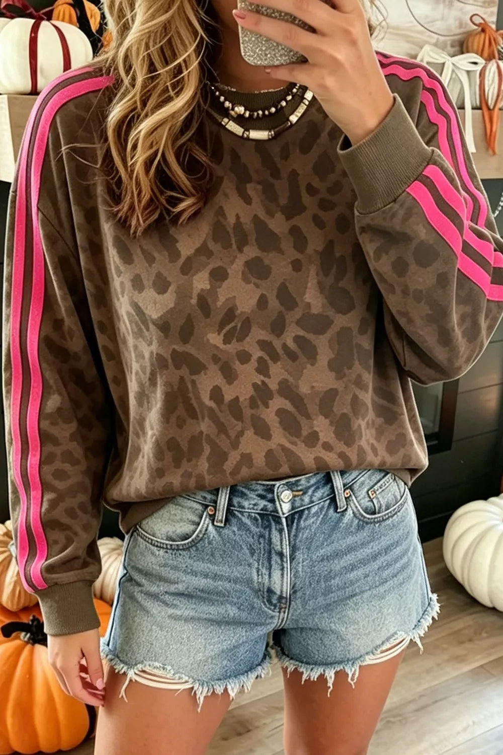Trendsi Side Stripes Leopard Round Neck Sweatshirt -