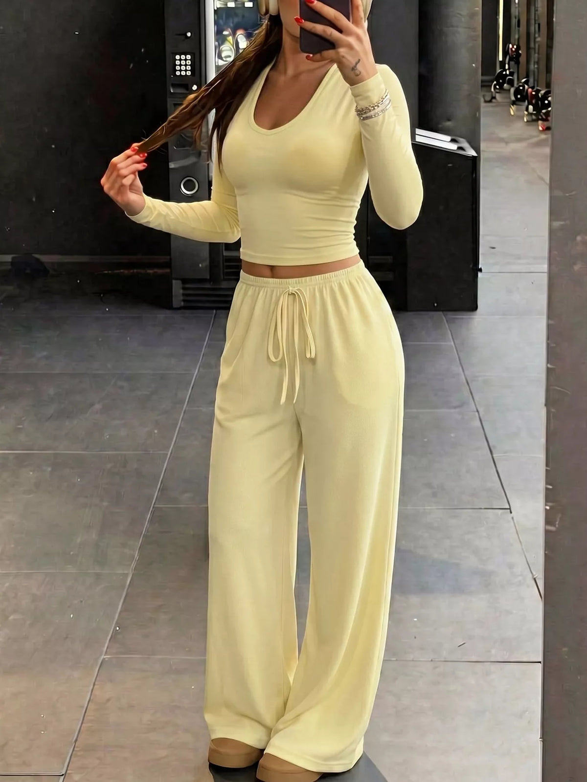 Crop Top and Wide-Leg Pant Set in yellow, front view