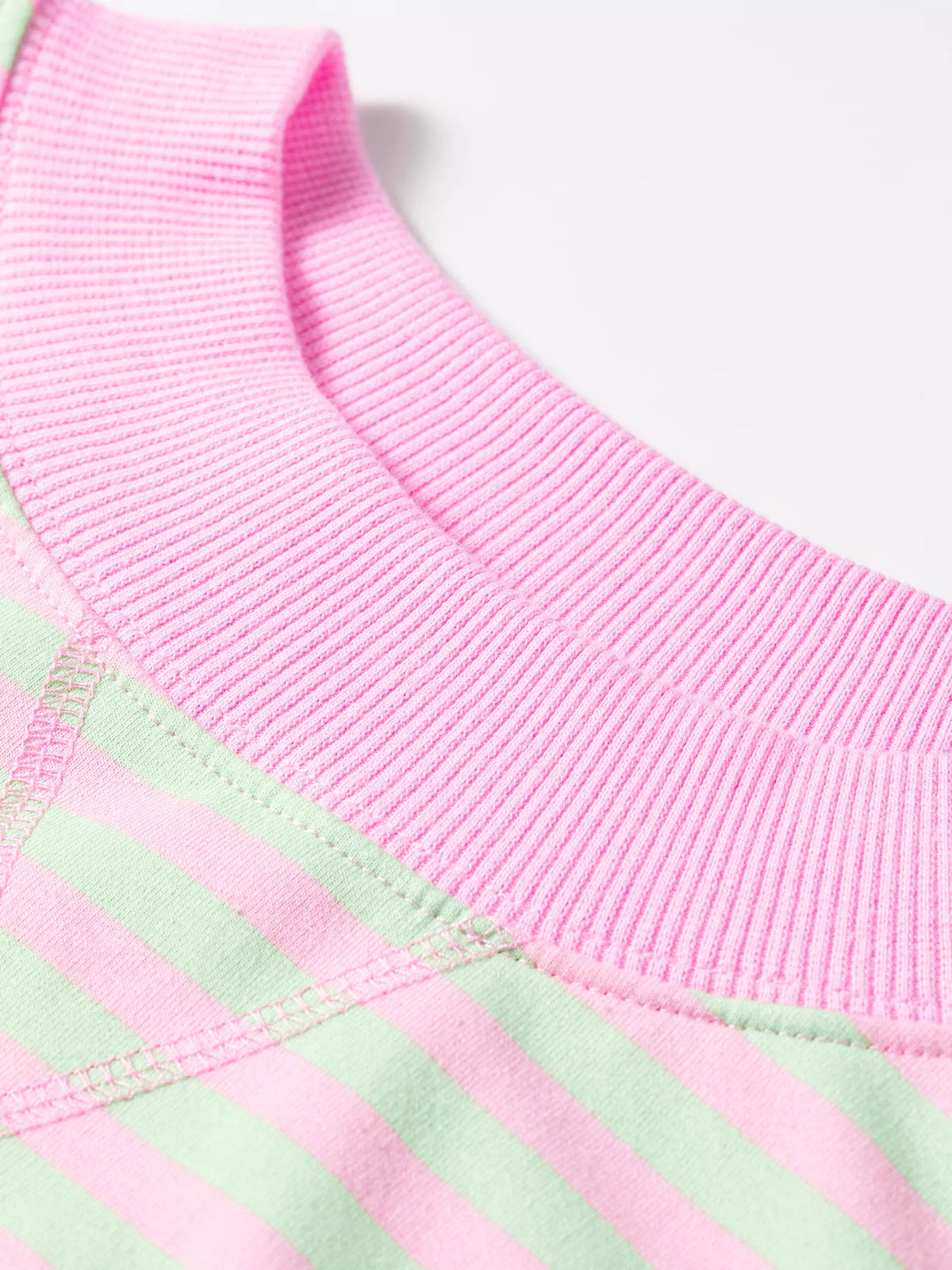 Striped Round Neck Long Sleeve Sweatshirt in pink and green, neckline detail