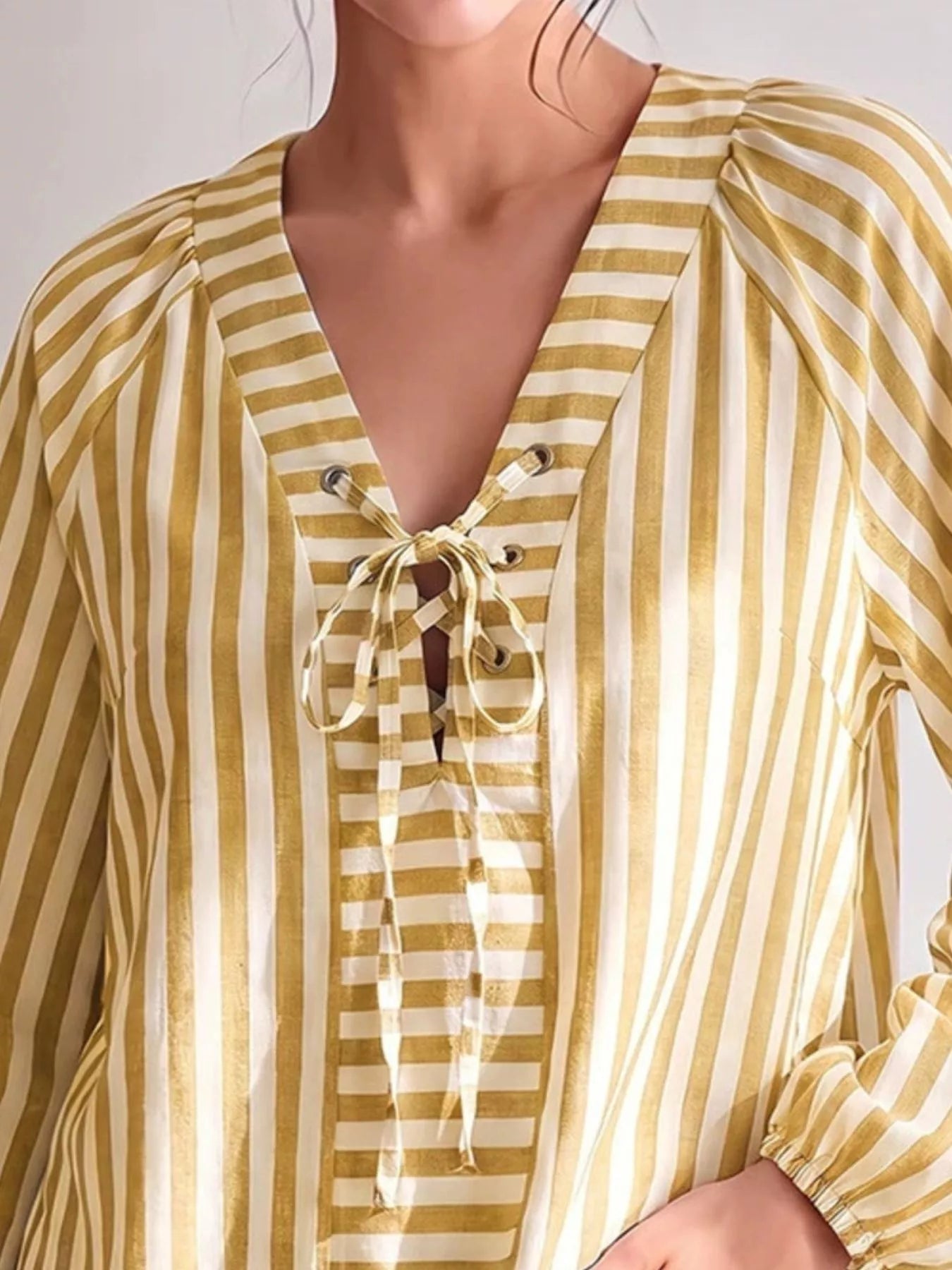 Trendsi Striped Tie Front Long Sleeve Blouse -