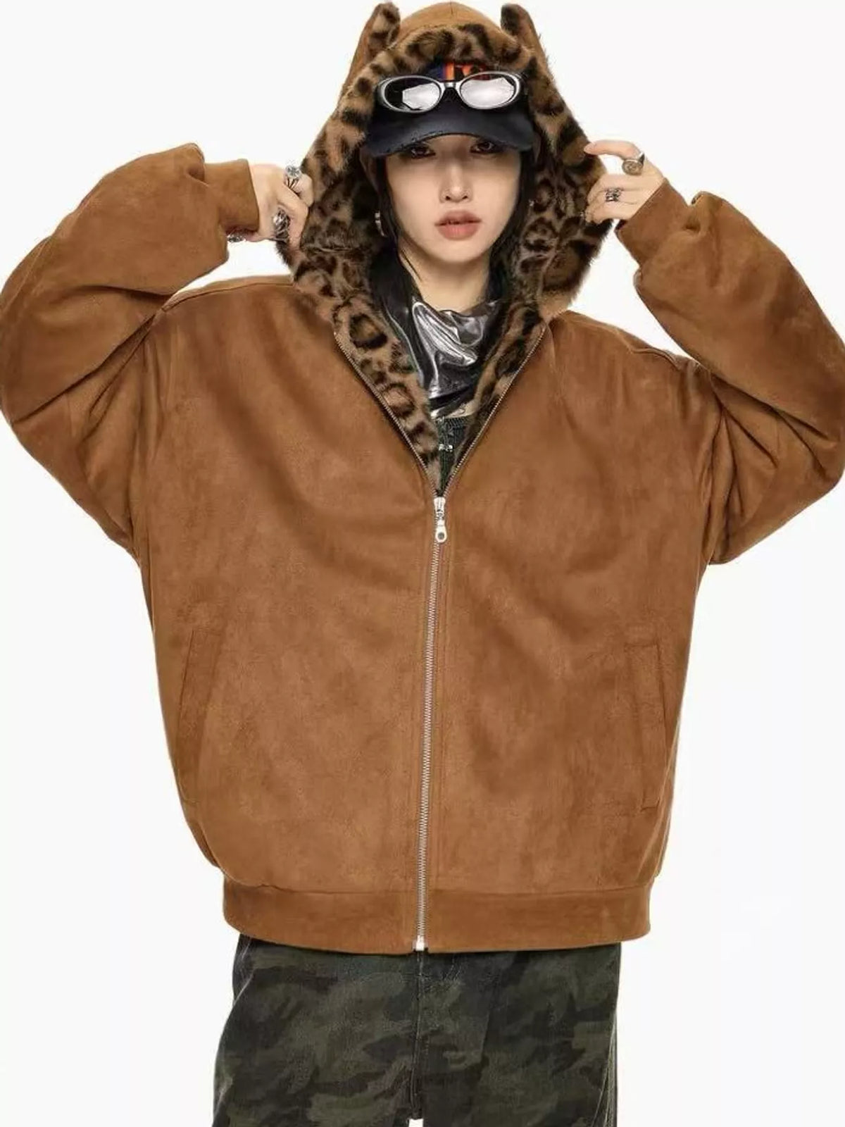 Leopard-Trim Faux Fur Hooded Zip-Up Jacket in caramel, front view