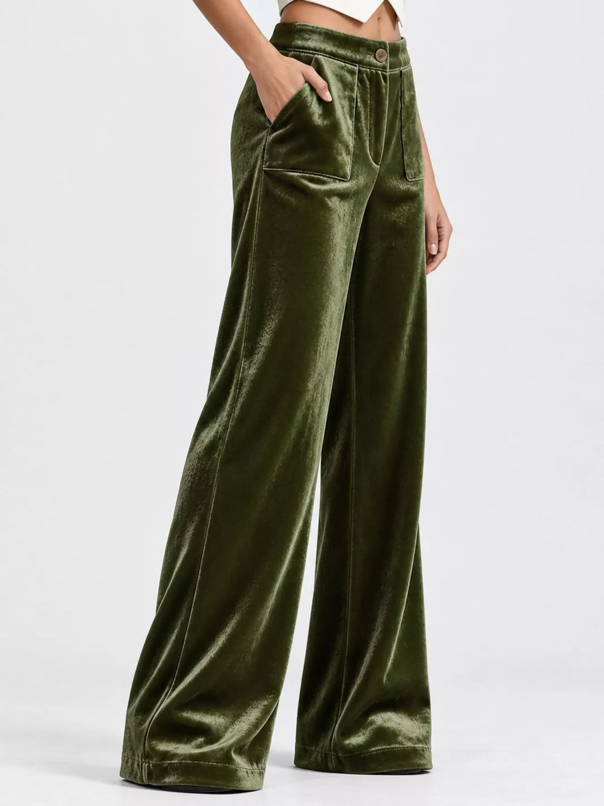 Army Green high-waisted wide-leg velvet pocket pants