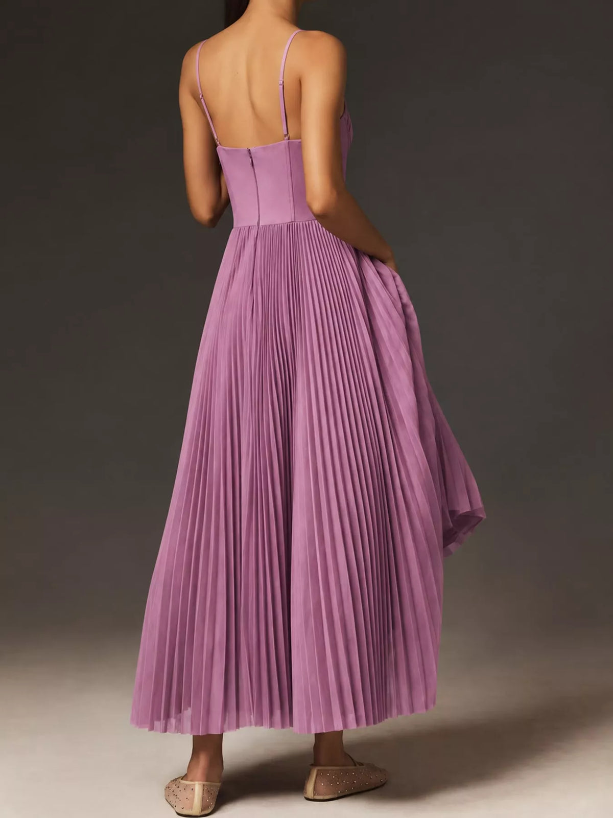 Purple pleated sweetheart neck midi dress — back view