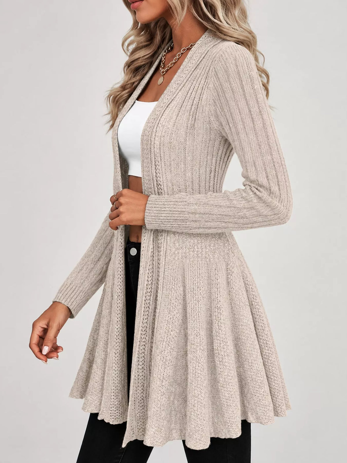 Apricot ribbed knit open front flared cardigan
