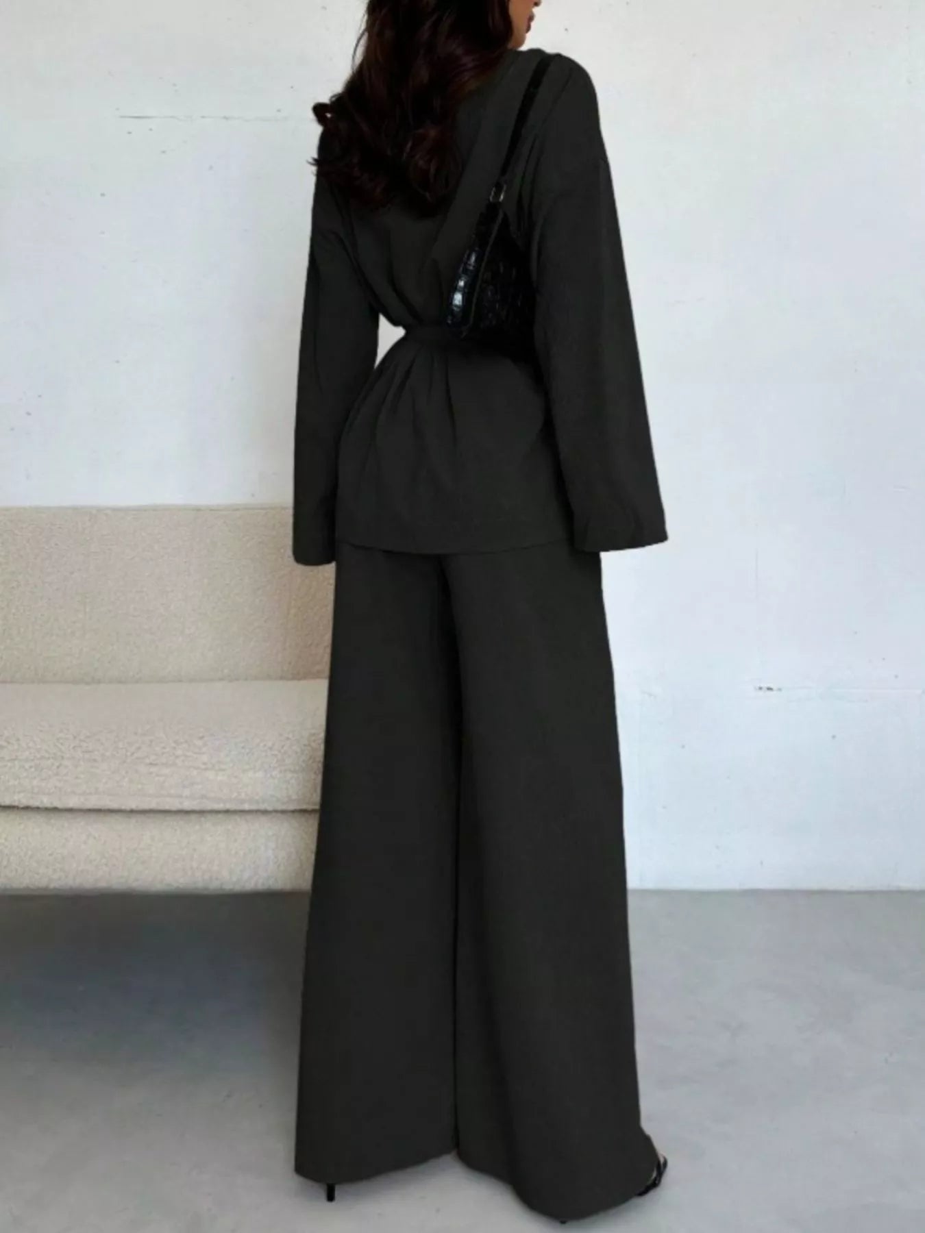 Trendsi Textured Tie Waist Top and Wide-Leg Pants Set -