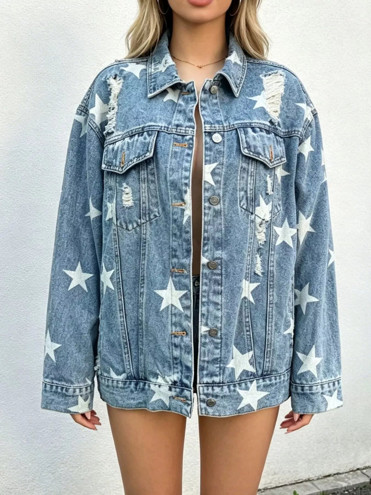 Star print distressed oversized denim jacket
