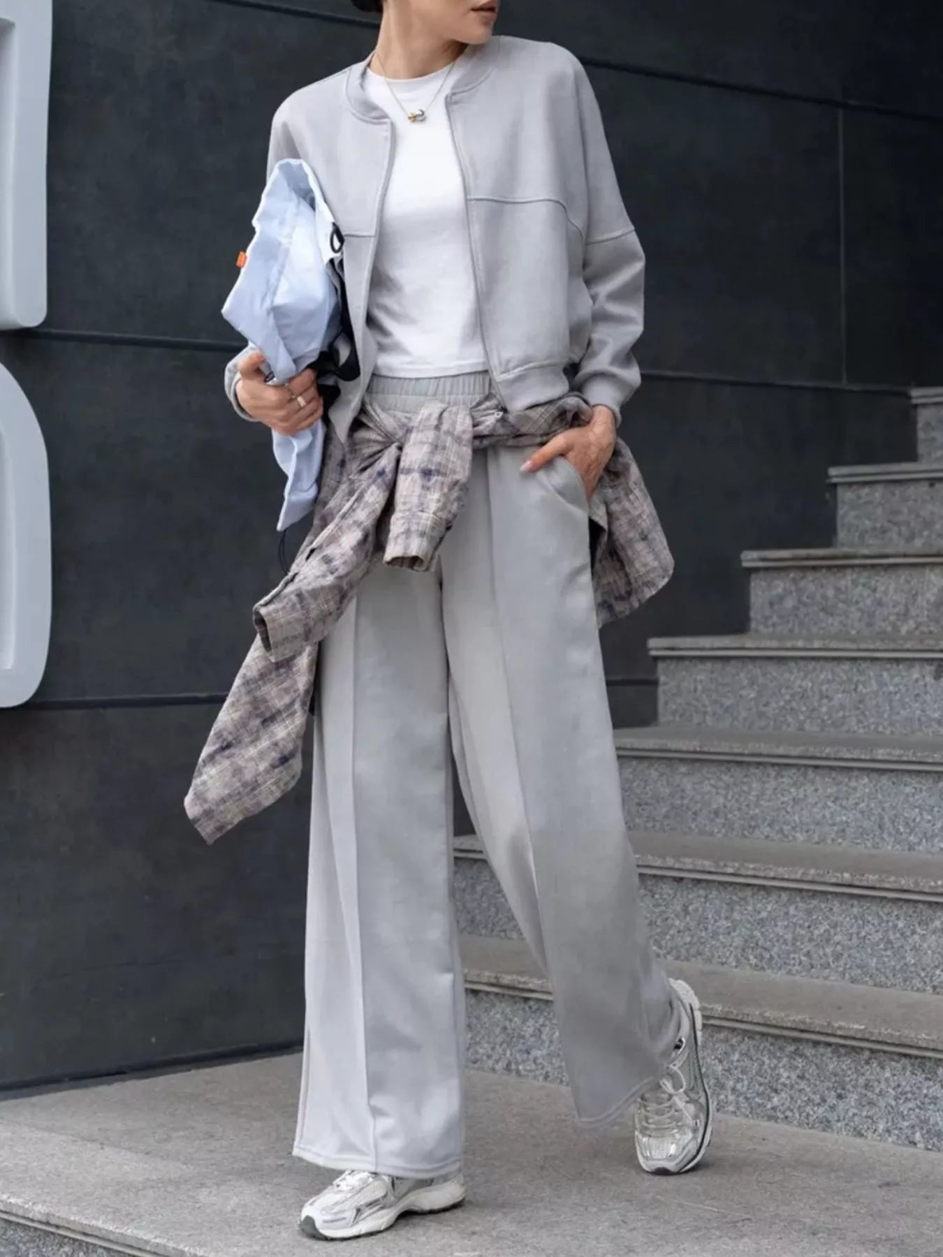 Trendsi Zip Up Sweatshirt and Wide-Leg Pants Set -