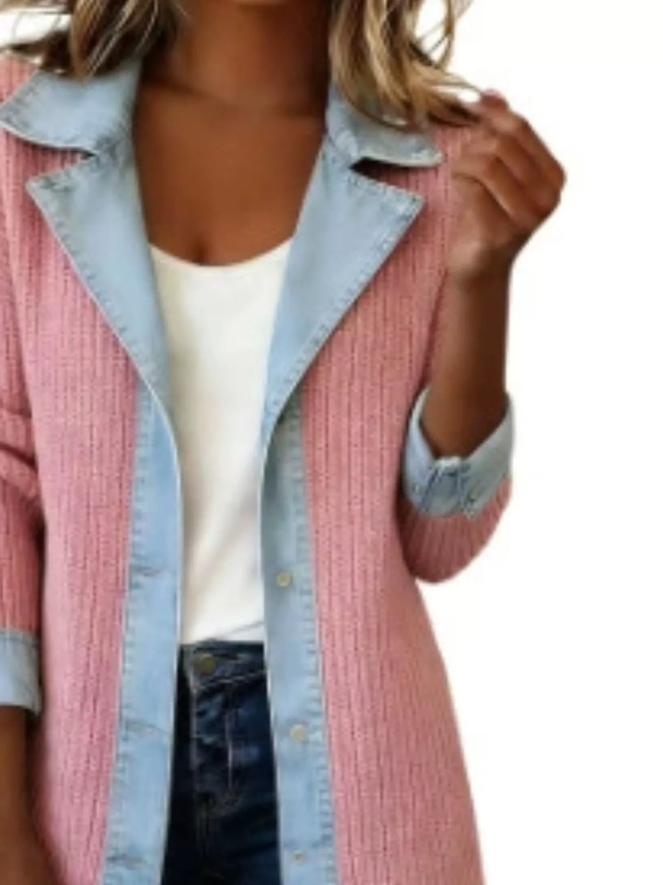 Trendsi Full Size Denim Trim Ribbed Knit Jacket Plus Size -