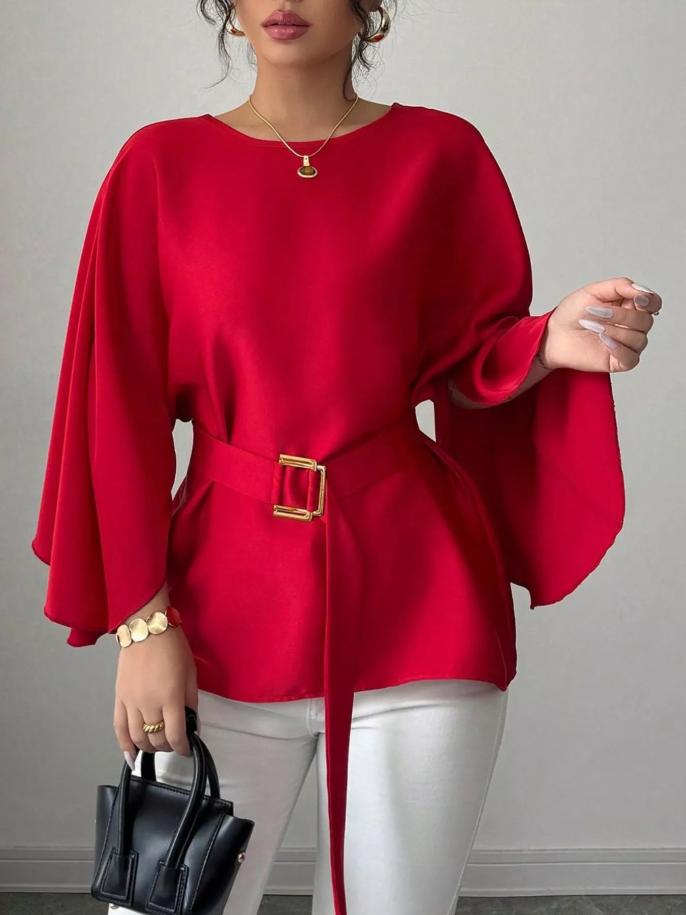 Round-neck belt batwing-sleeve blouse