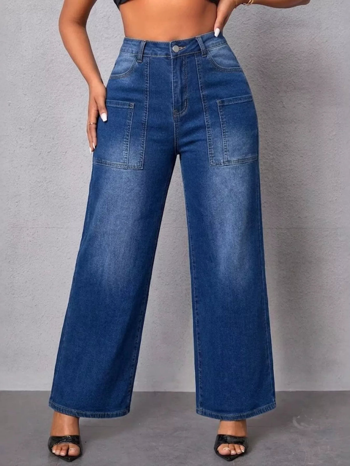 High-Waisted Patch Pocket Wide-Leg Jeans in blue, front view