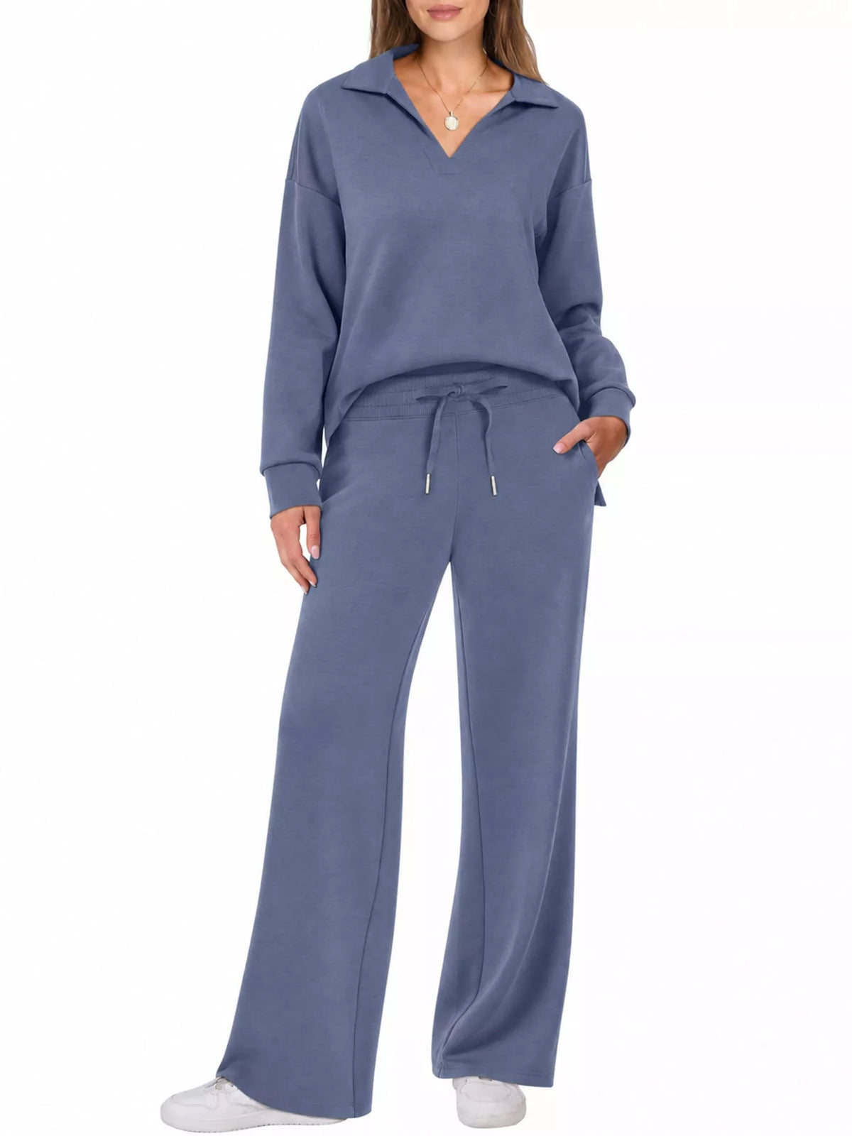 Top and drawstring pants set, slate front