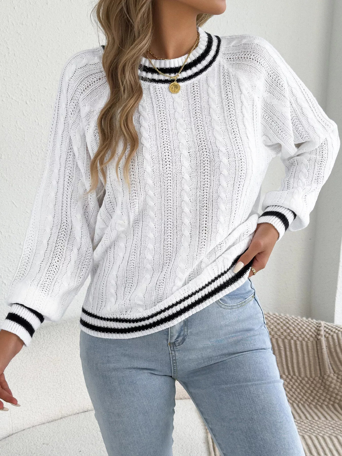 White striped trim cable knit sweater