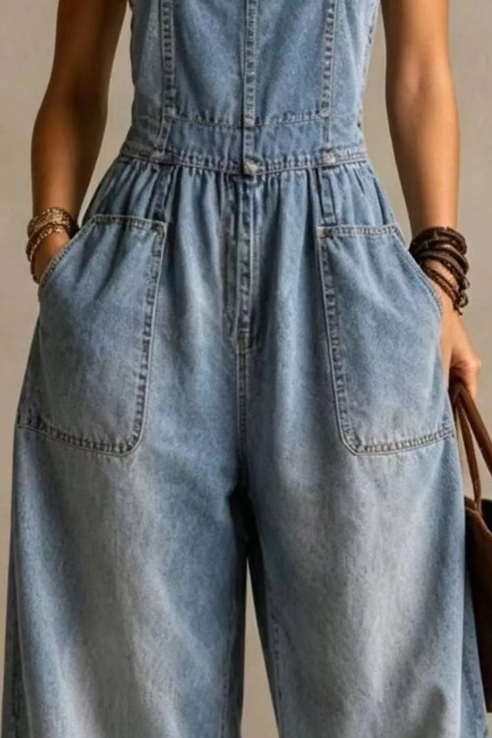 Vintage Wash Wide-Leg Denim Overalls with Pockets — construction details
