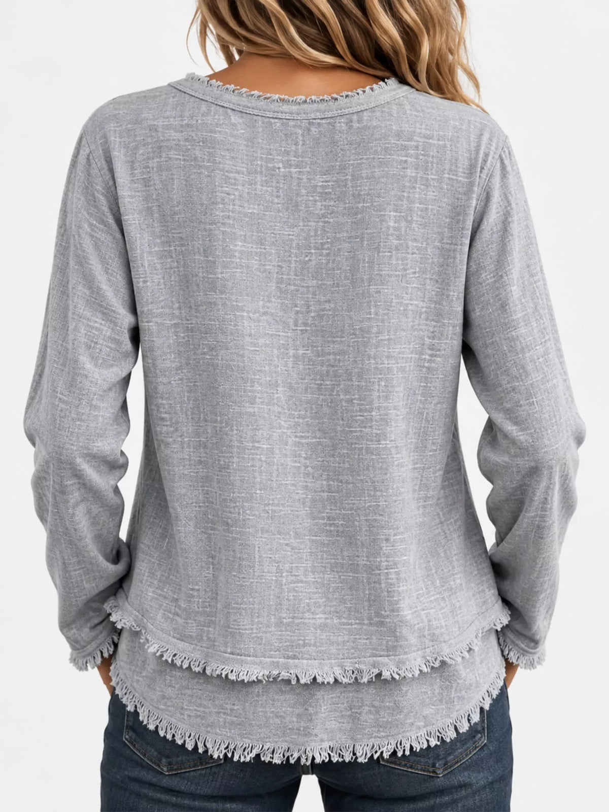 Frayed V-neck blouse, gray back