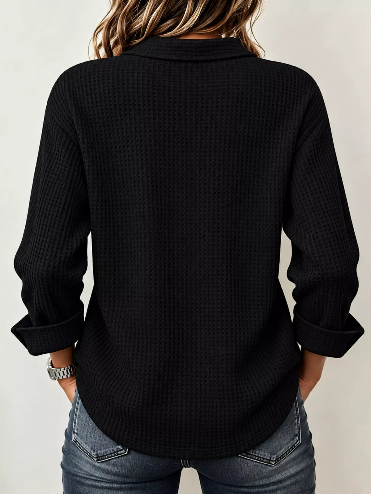 Black waffle knit long sleeve polo top, back view