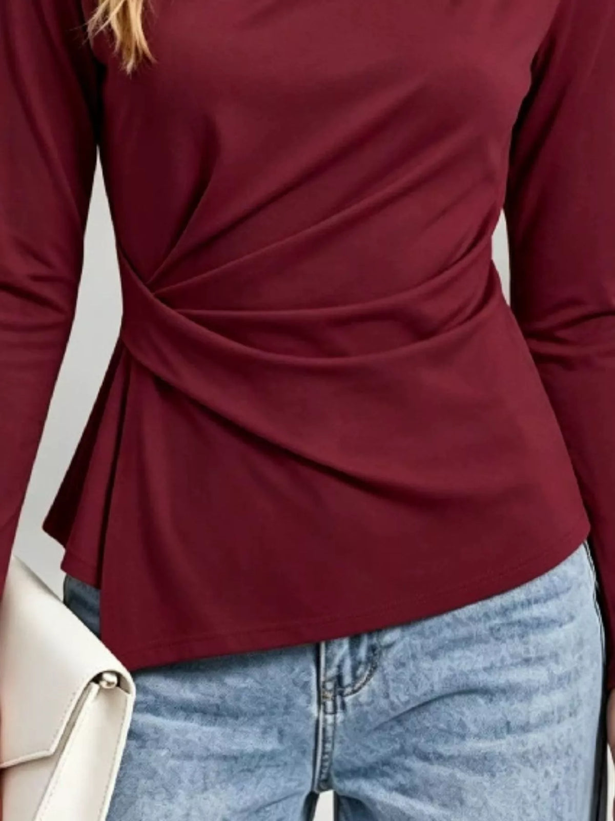 Ruched long-sleeve top, red waist detail