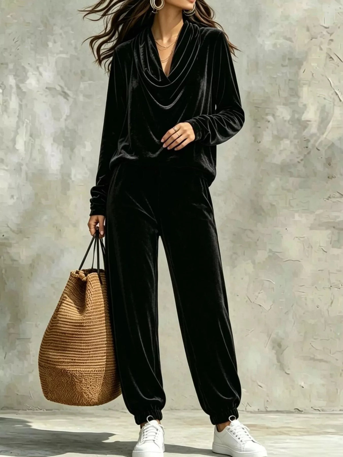 Black velvet cowl neck top and pants set, cowl neck and pants