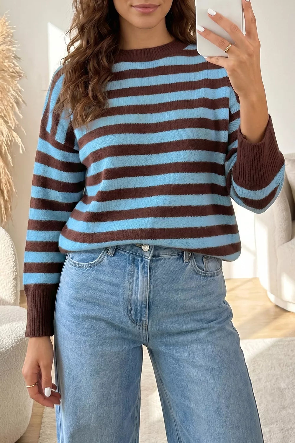 Trendsi Stripe Color Block Loose Crew Neck Cuffed Sweater -