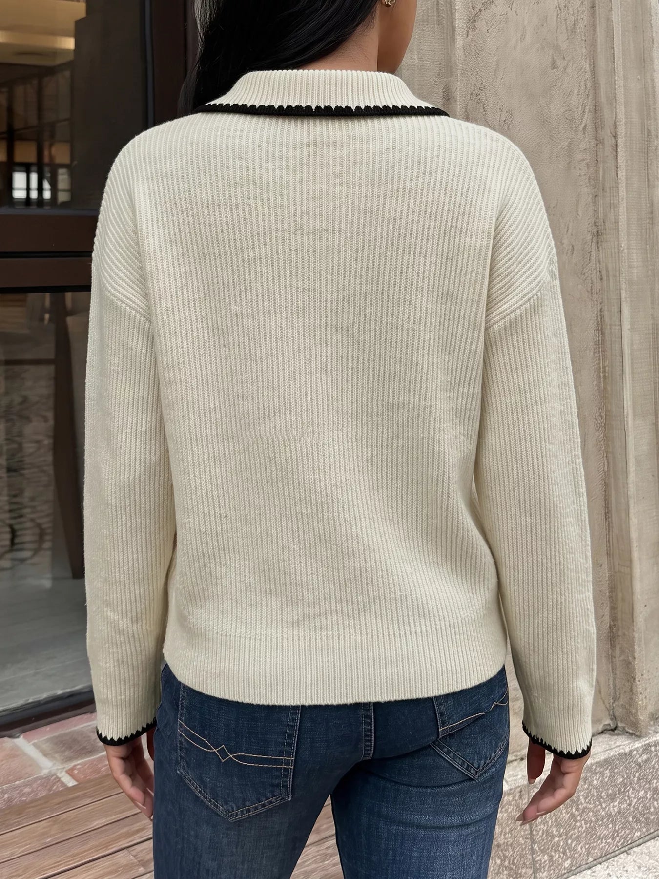 Trendsi Contrast Trim Dropped Shoulder Sweater -