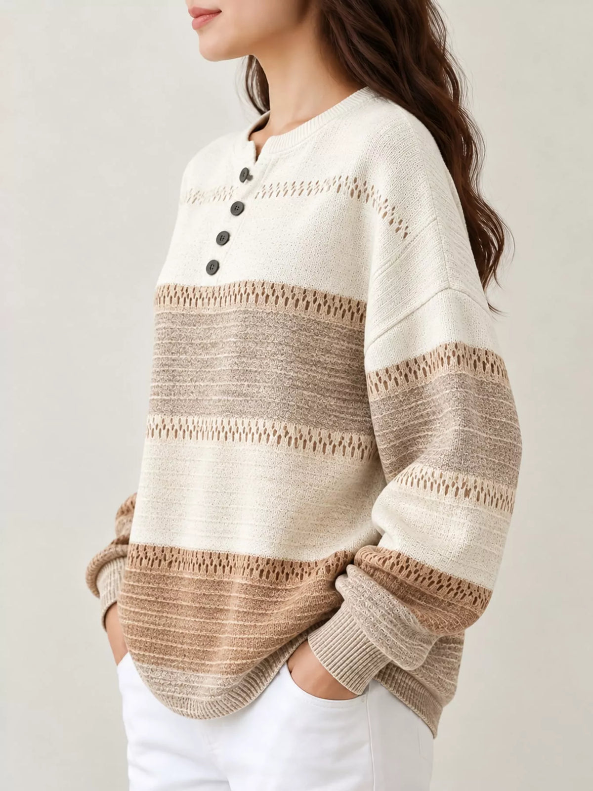 White and brown color block button neck knit sweater, side view