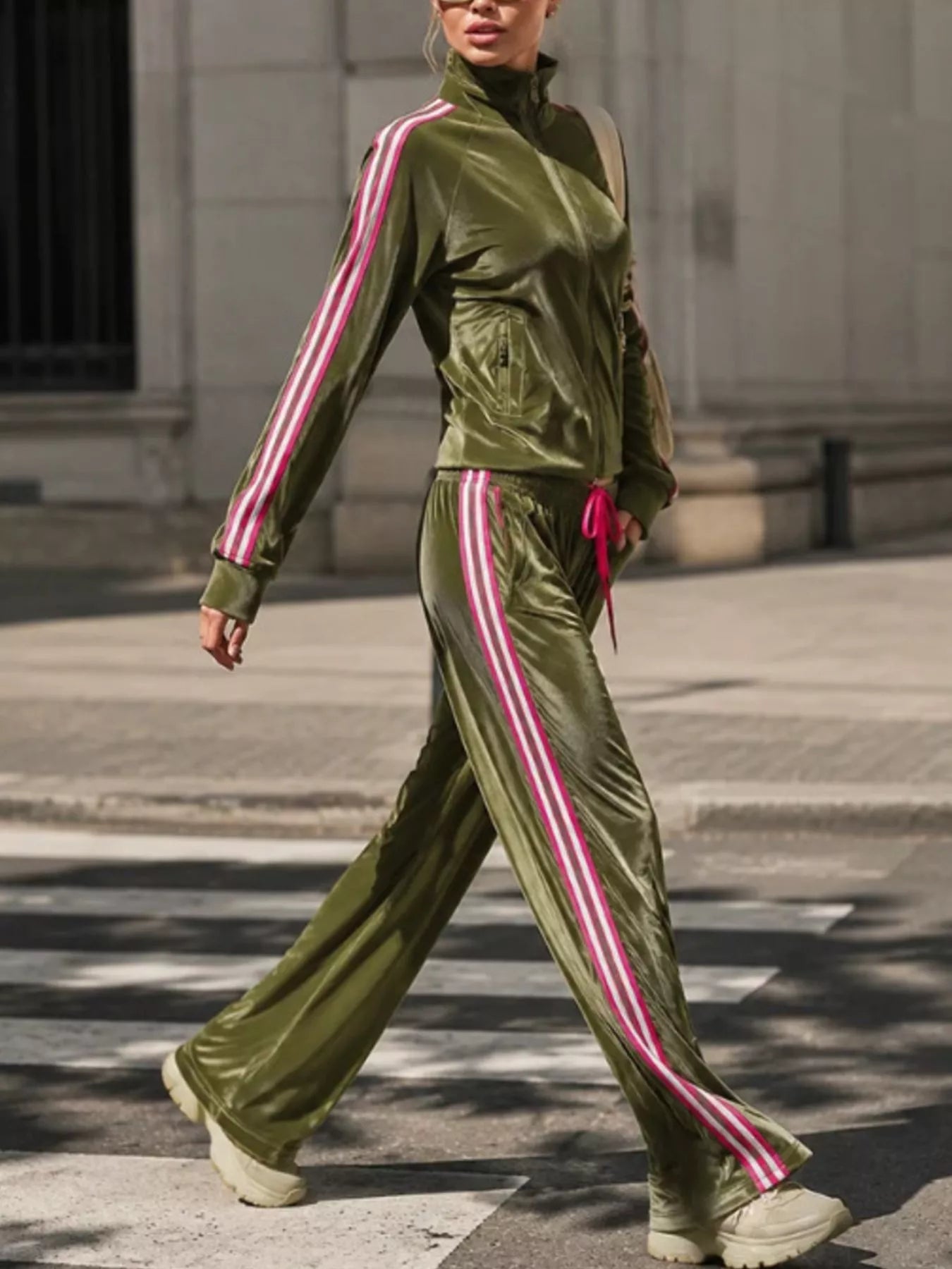 Trendsi Striped Zip Up Outerwear and Pants Set -