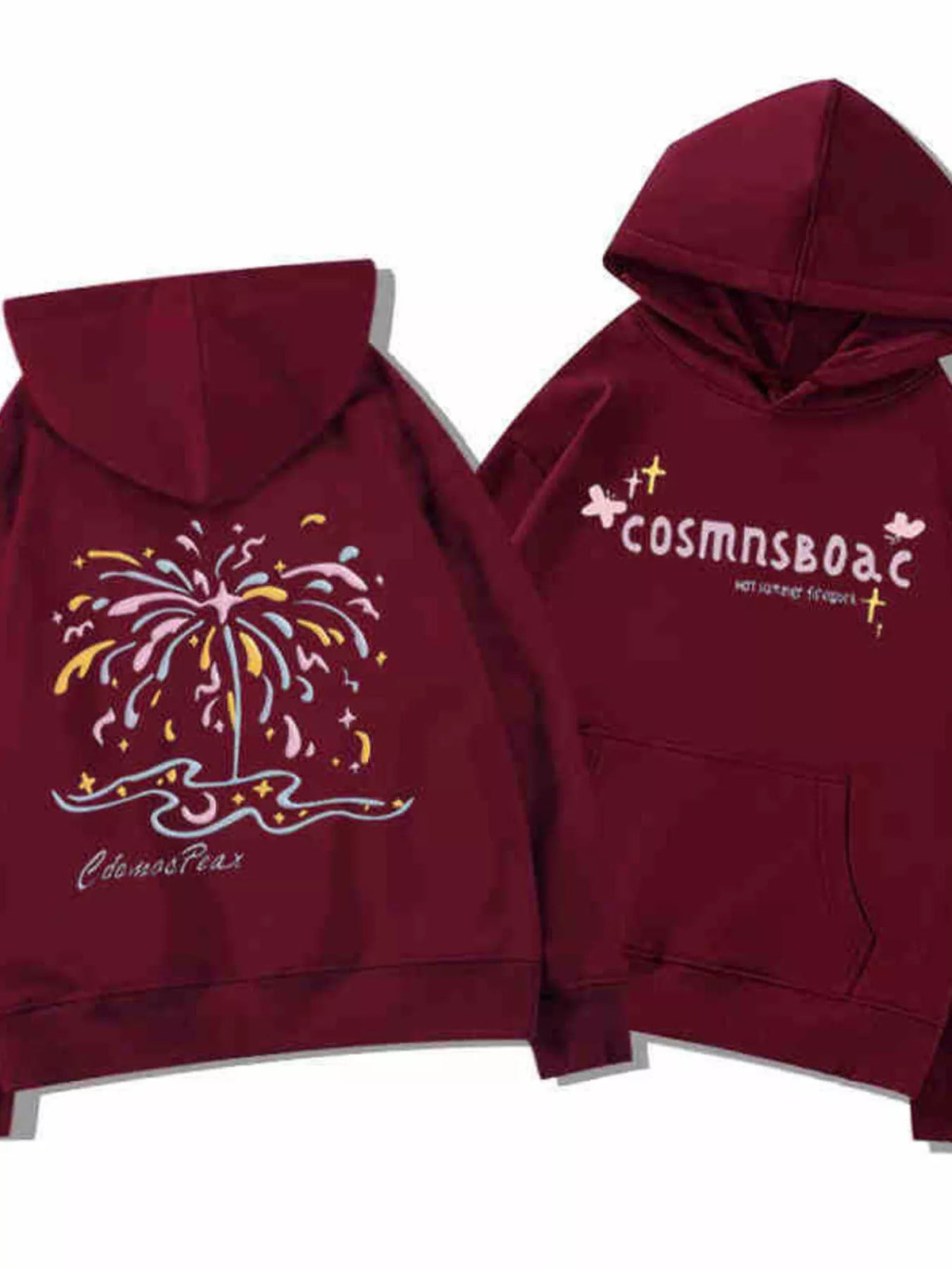Women's Christmas Tree Fireworks Graphic Hoodie in Burgundy, front view
