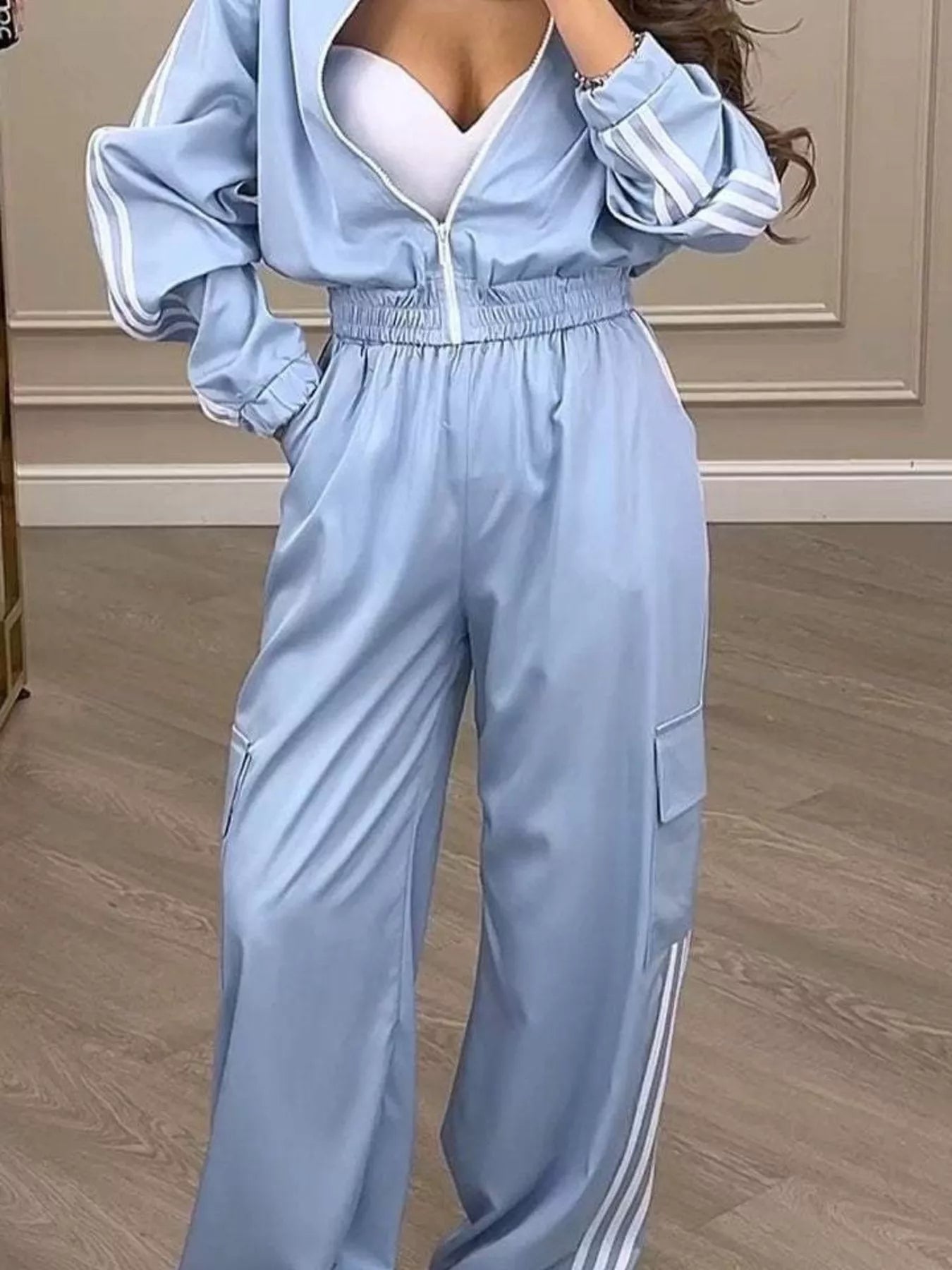 Trendsi Full Size Side Striped Zip Up Outerwear and Pants Set Plus Size -