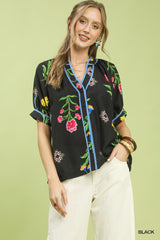 Trendsi Umgee Botanical Print Contrast Trim Button Blouse -
