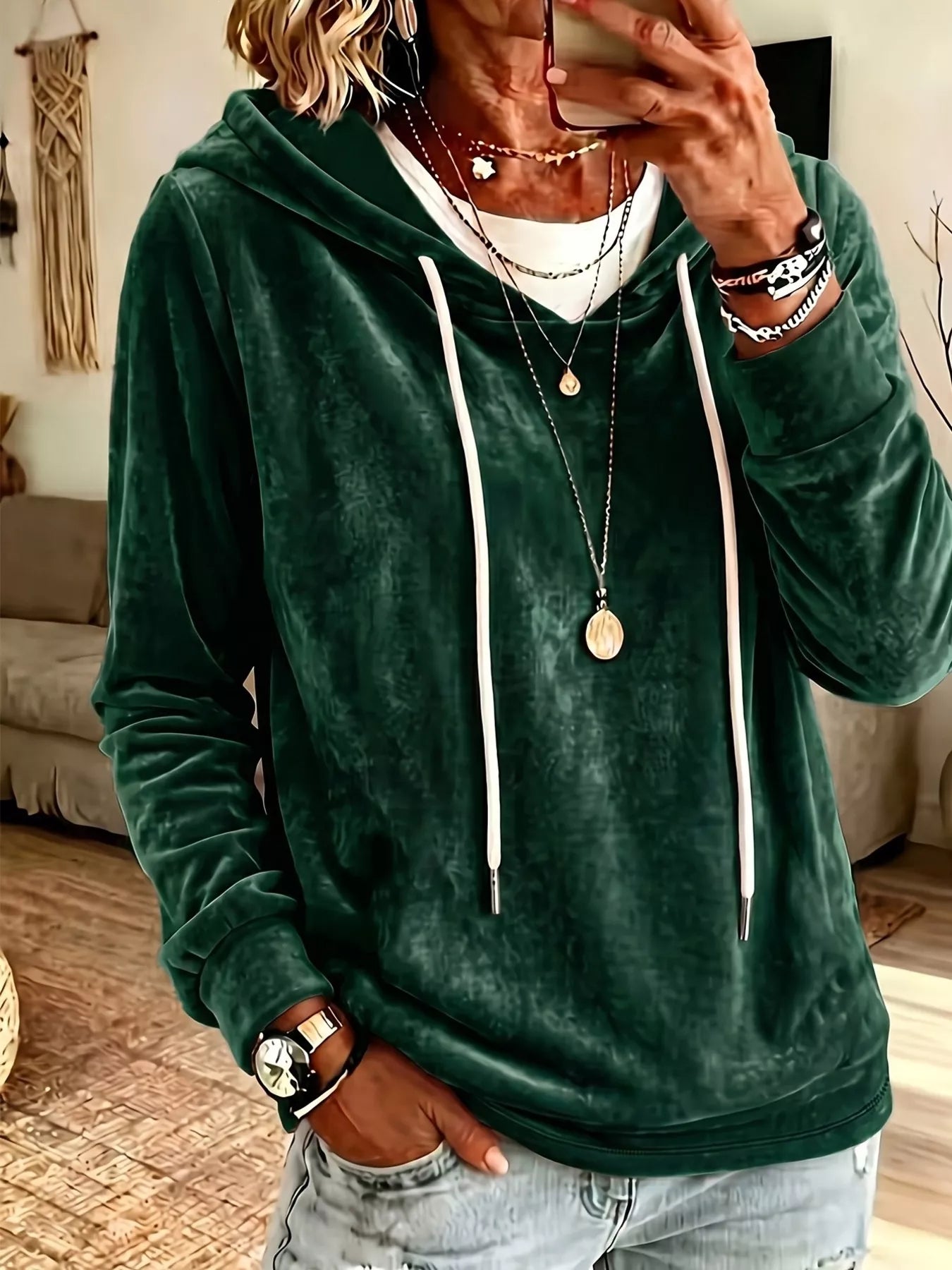Trendsi Full Size Drawstring Velvet Long Sleeve Hoodie Plus Size -