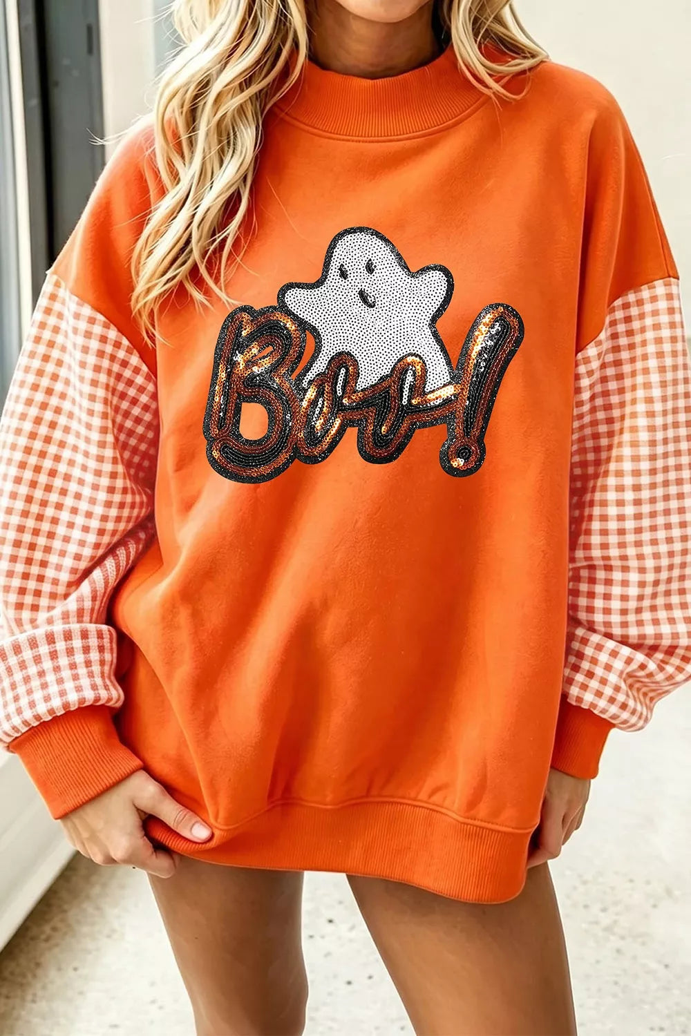 Boo Sequin Ghost Plaid Patchwork Sleeve Halloween Sweatshirt in orange, front view
