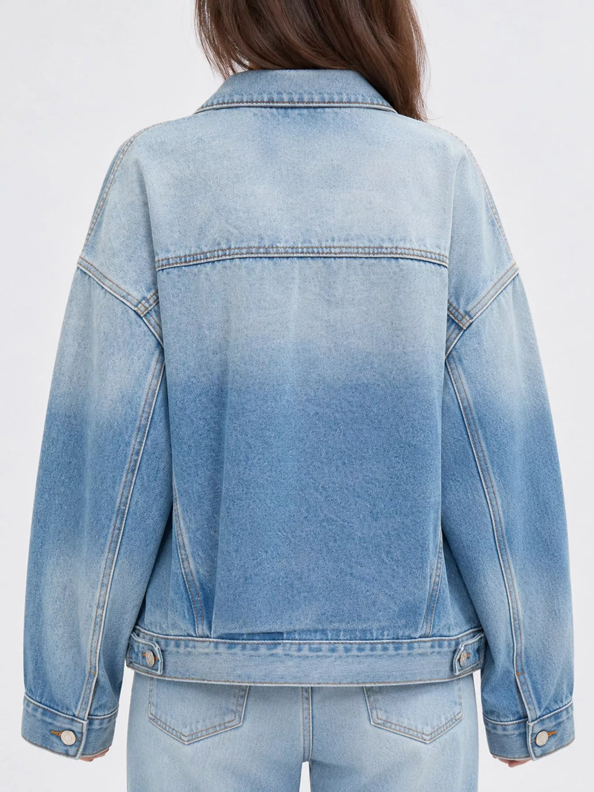 Drop-shoulder denim jacket, light blue back