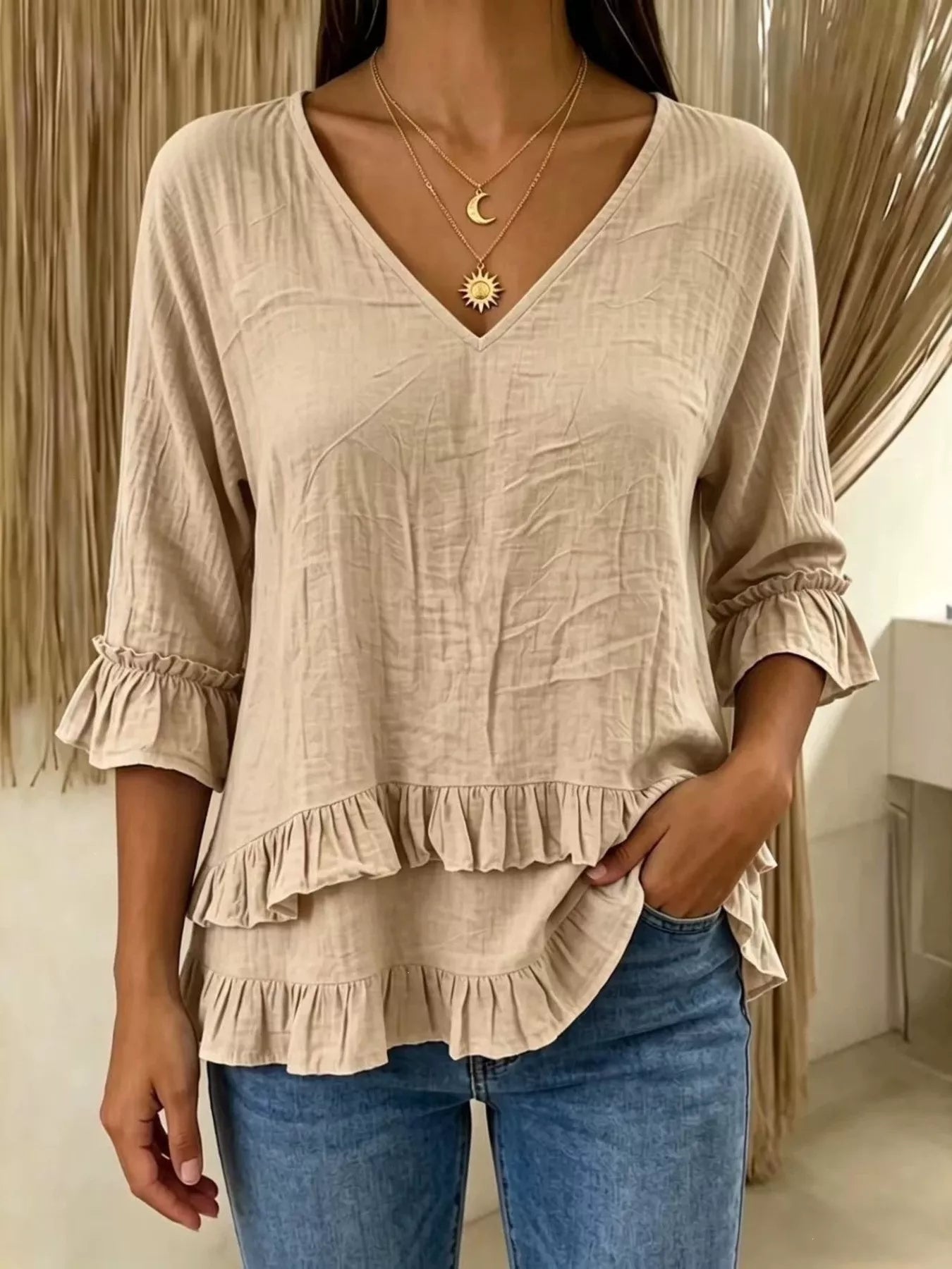 Trendsi V-Neck Ruffle Sleeve Top -