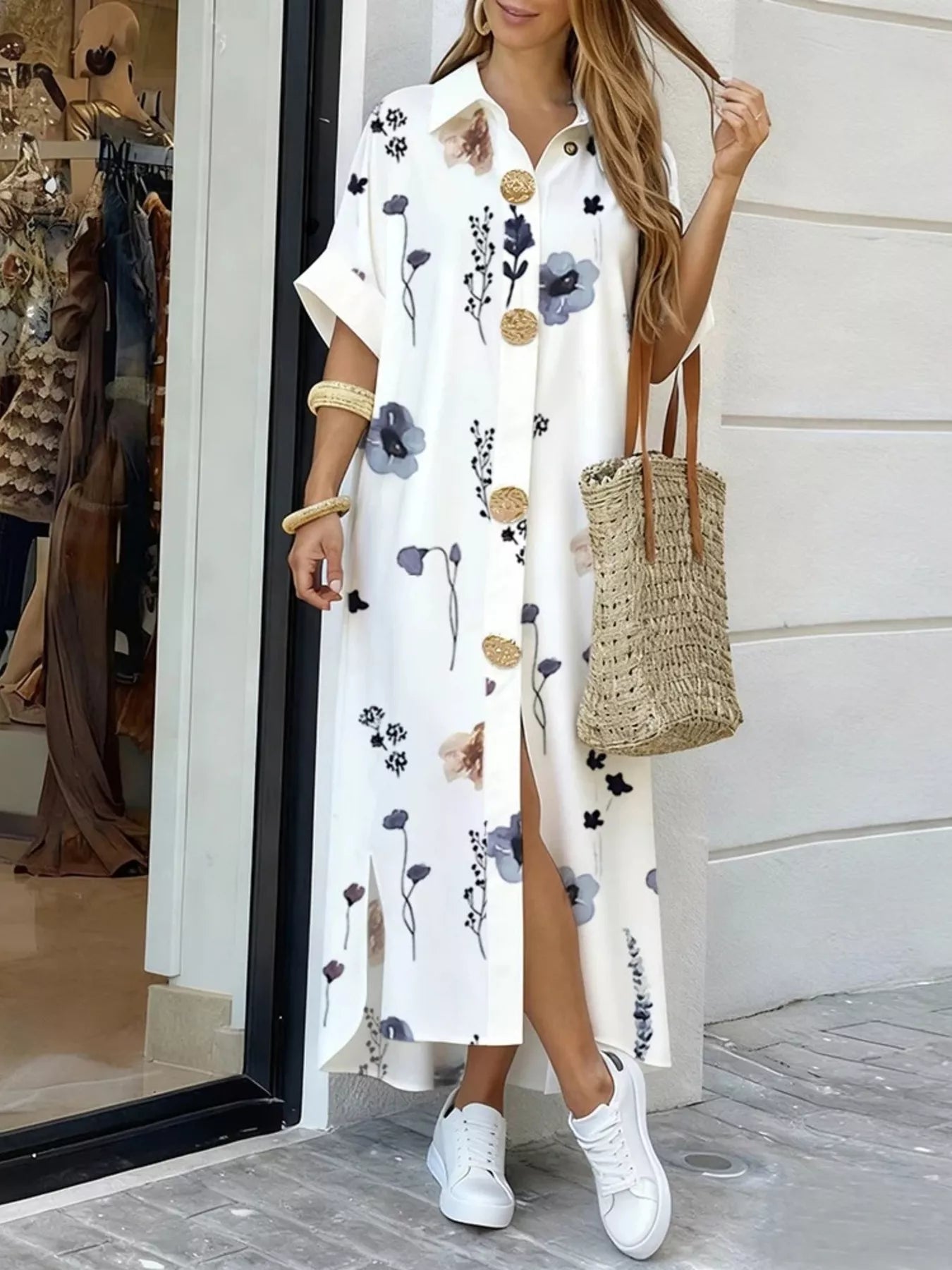Trendsi Floral Print Button-Down Maxi Shirt Dress -