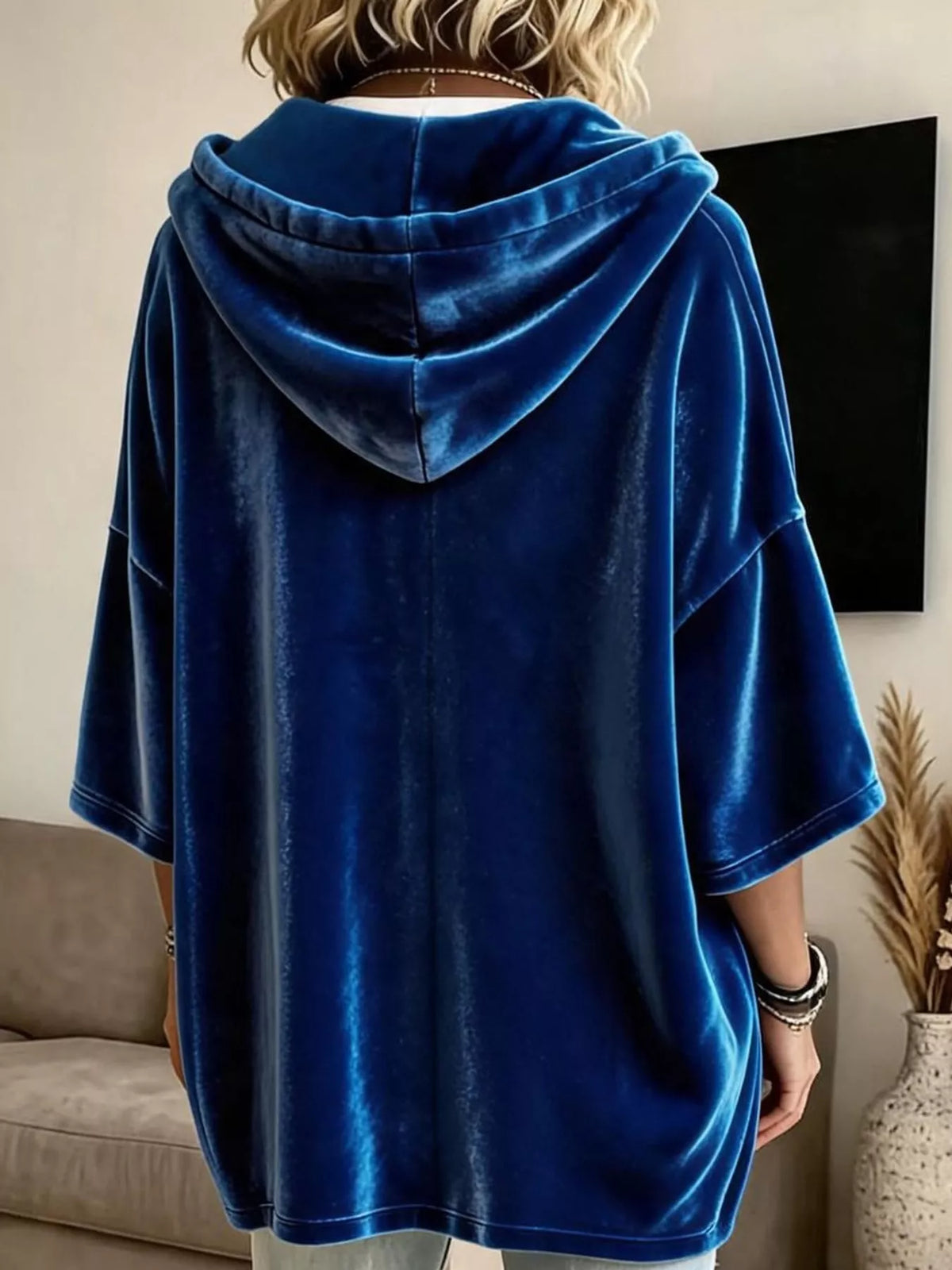 Velvet Button Hoodie in dark blue, back view