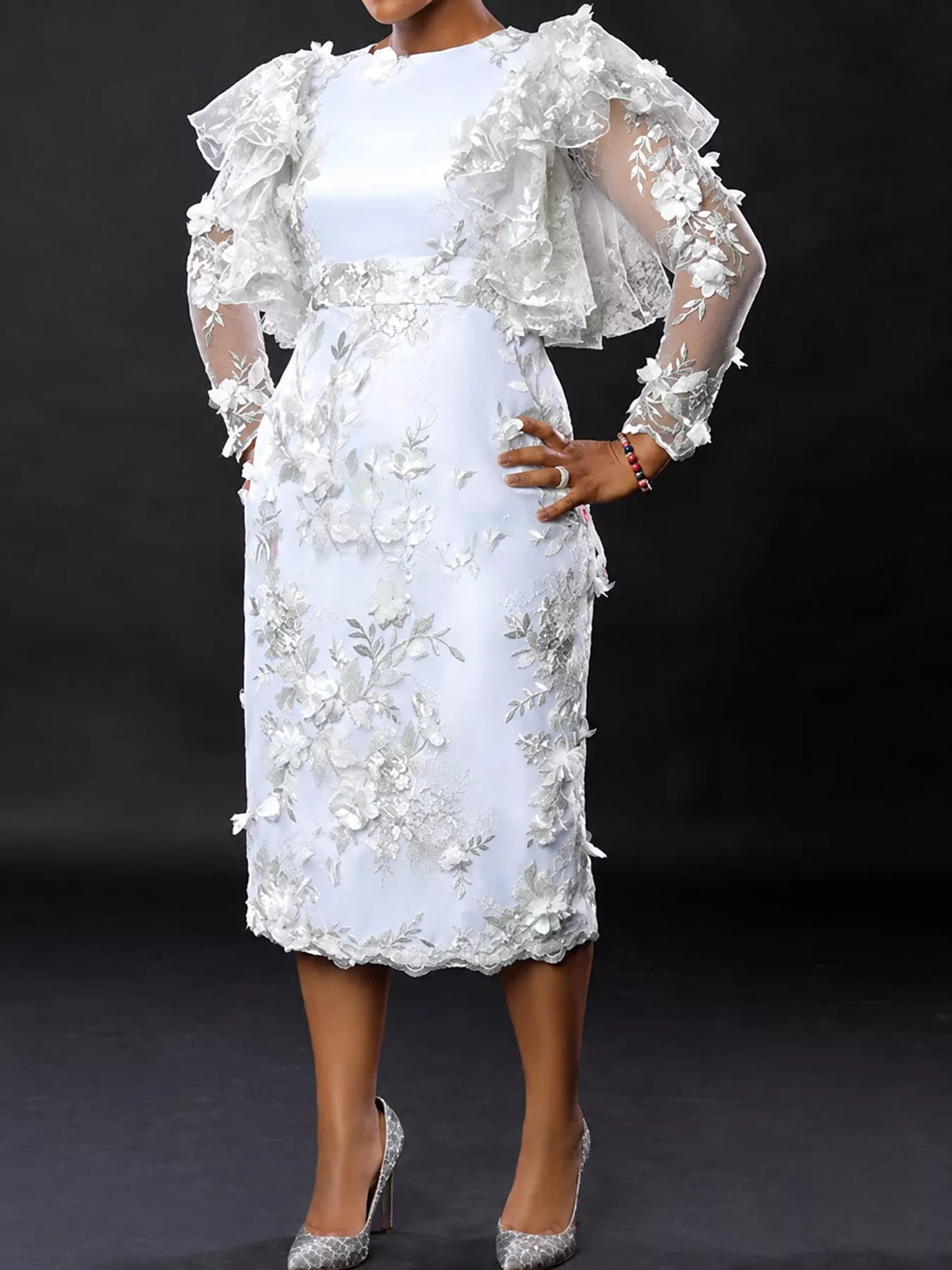 White floral embroidered sheer ruffle sleeve midi dress