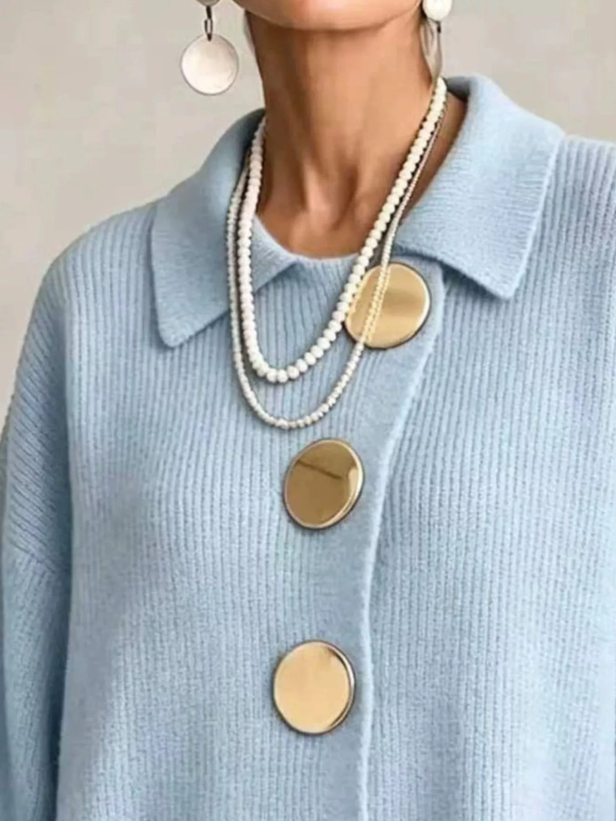 Trendsi Full Size Gold Buttons Lantern Sleeve Cardigan Plus Size -