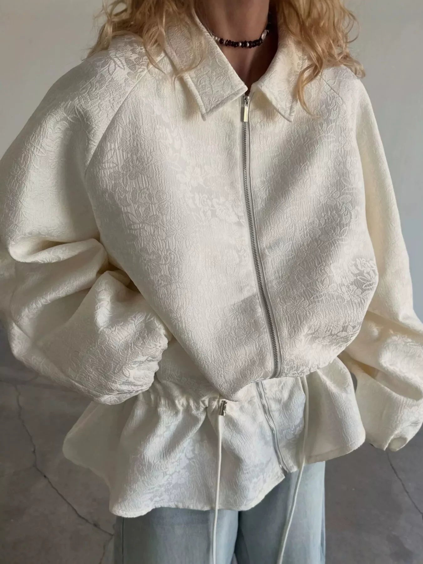 Trendsi Jacquard Zip-Up Peplum Jacket -