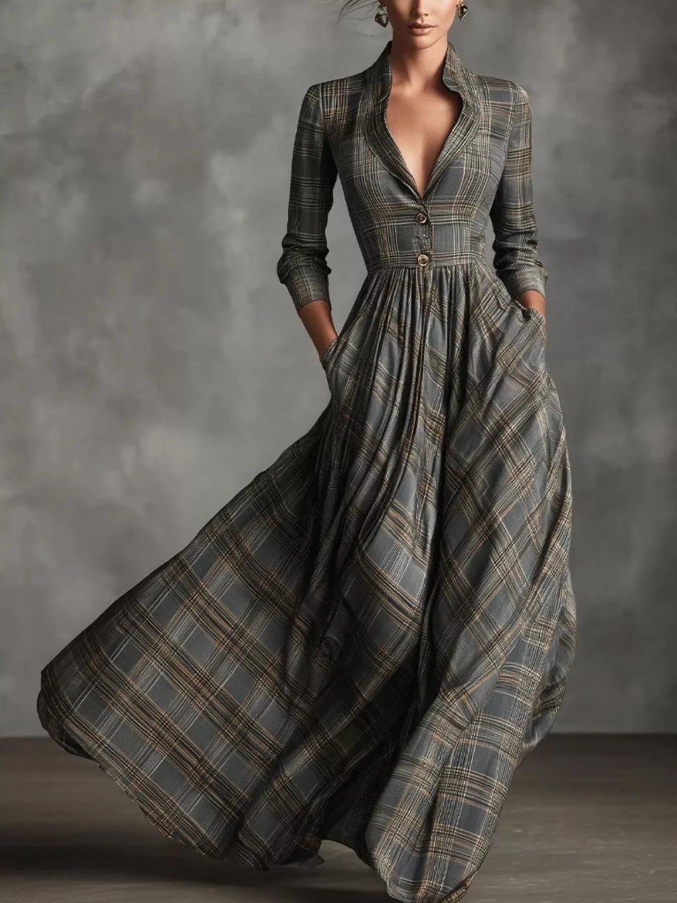 Trendsi Plaid Lapel Maxi Dress with Pockets -