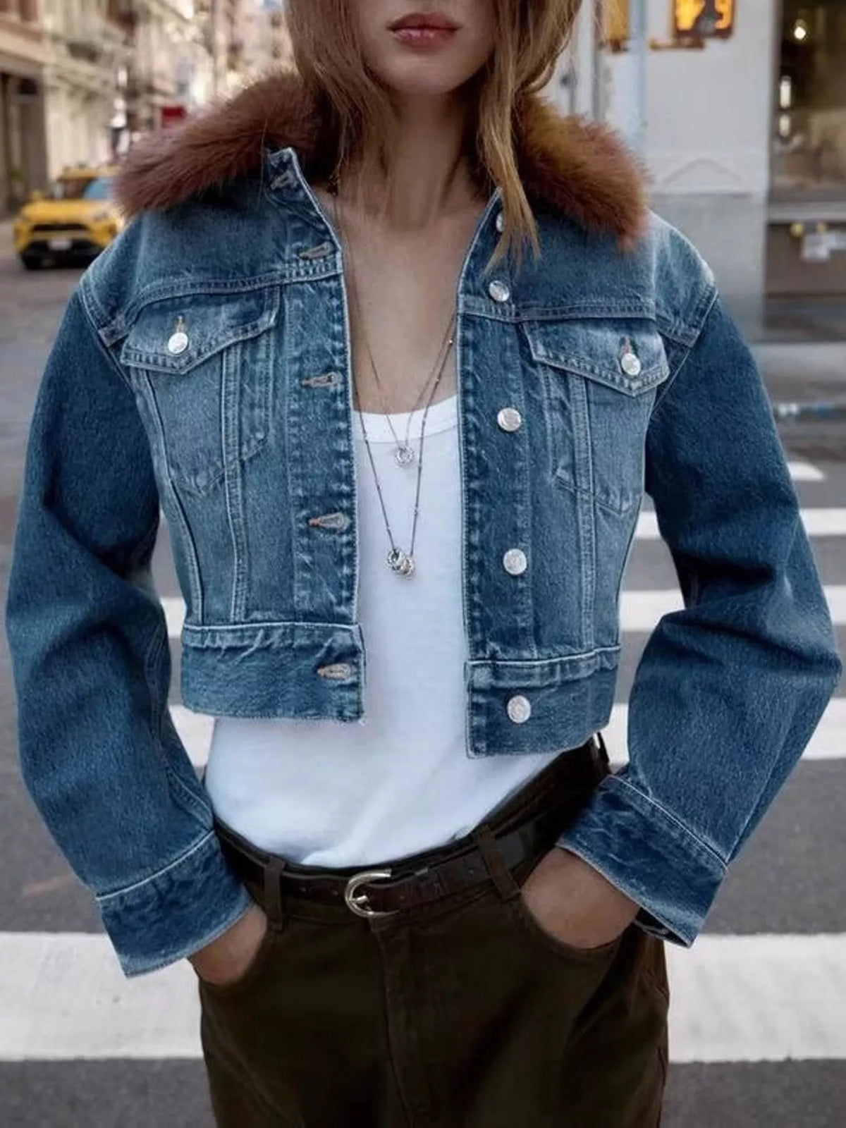 Faux Fur Collar Cropped Denim Jacket in blue