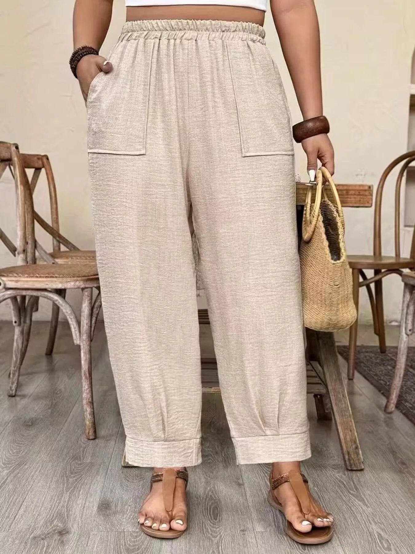 Trendsi Plus Size High-Waisted Elastic Waist Pants with Pockets -