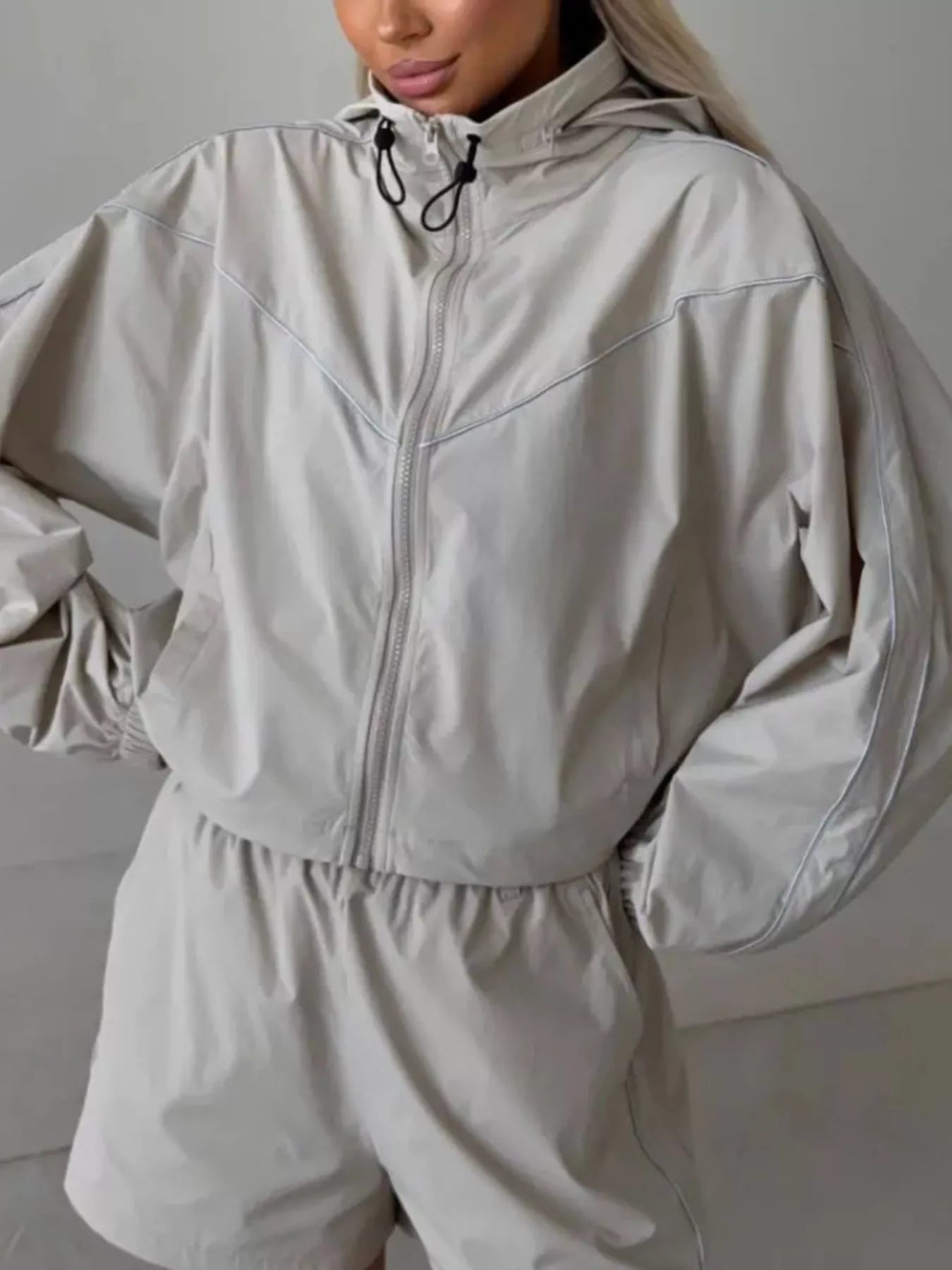 Trendsi Drawstring Zip-Up Jacket and Shorts Set -
