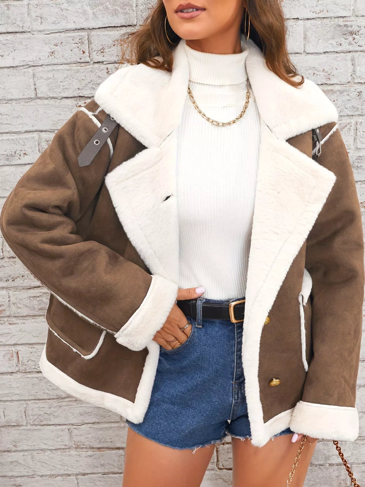 Brown plush-lined button-front jacket — front view